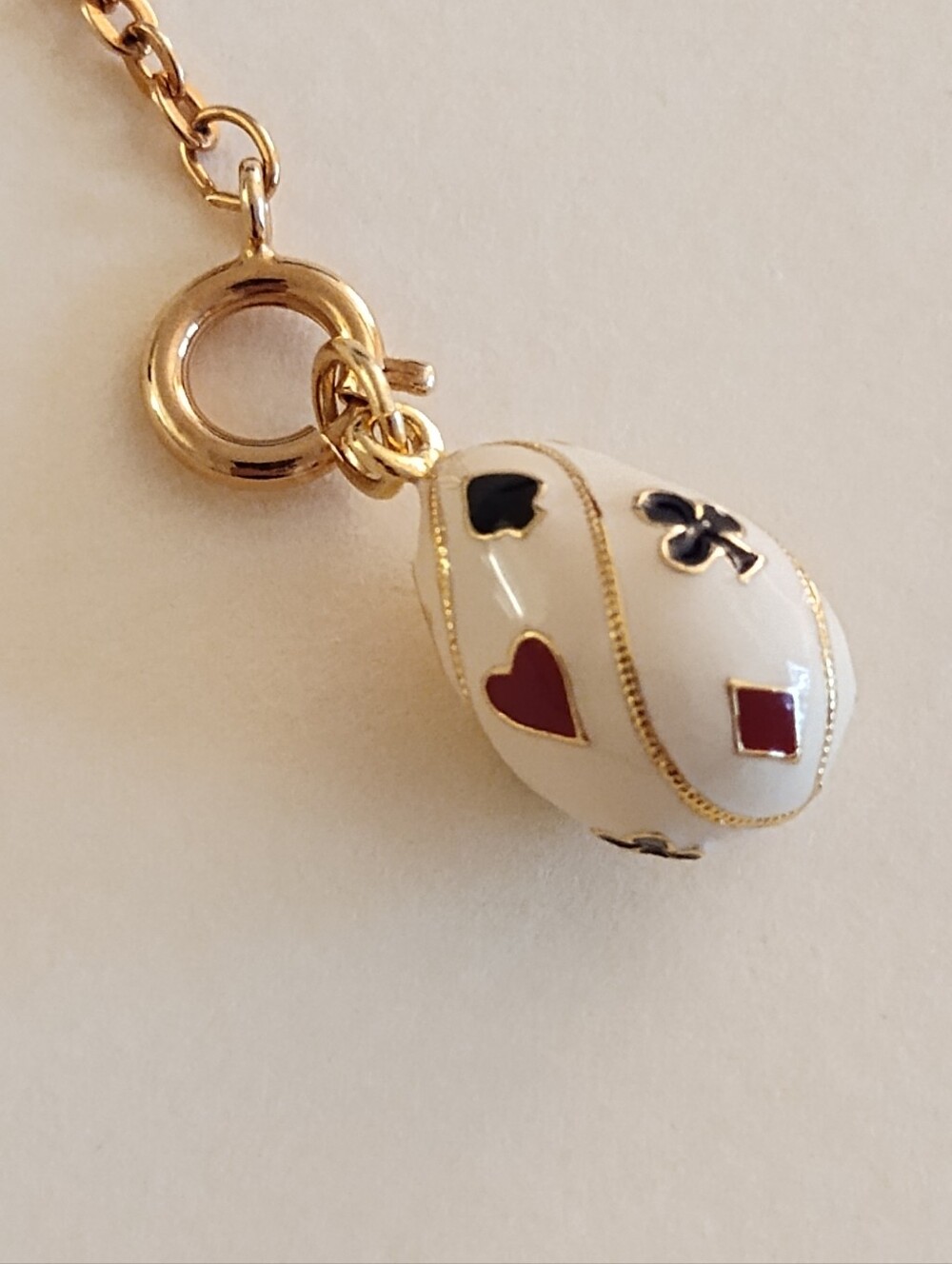 Vintage Joan Rivers Playing Card Suits Enamel Egg Charm with Gold-Tone Extender